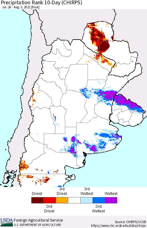 Southern South America Precipitation Rank 10-Day (CHIRPS) Thematic Map For 7/26/2022 - 8/5/2022