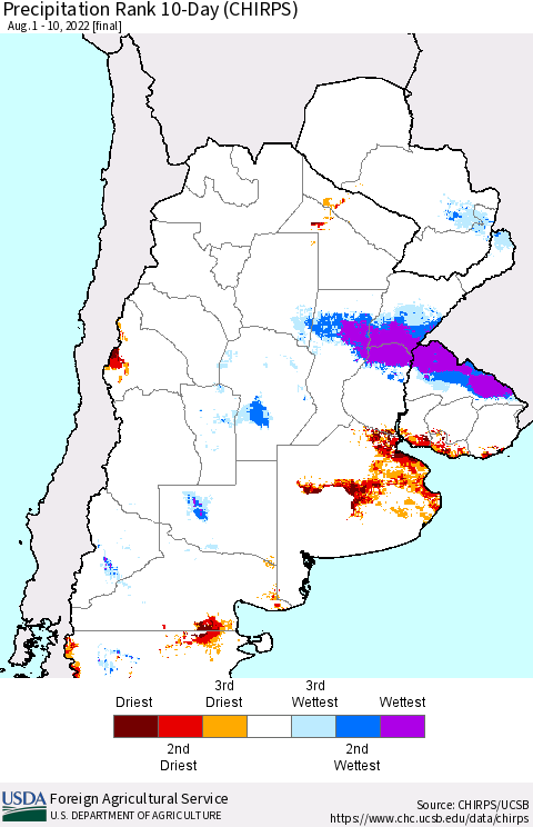 Southern South America Precipitation Rank since 1981, 10-Day (CHIRPS) Thematic Map For 8/1/2022 - 8/10/2022