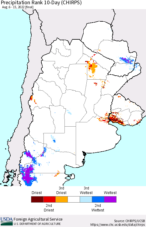 Southern South America Precipitation Rank 10-Day (CHIRPS) Thematic Map For 8/6/2022 - 8/15/2022