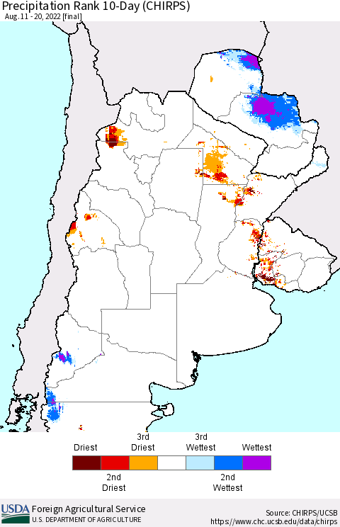 Southern South America Precipitation Rank 10-Day (CHIRPS) Thematic Map For 8/11/2022 - 8/20/2022