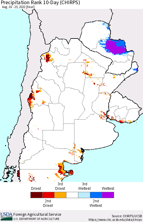 Southern South America Precipitation Rank since 1981, 10-Day (CHIRPS) Thematic Map For 8/16/2022 - 8/25/2022