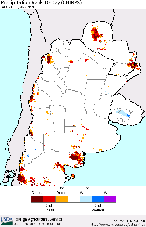 Southern South America Precipitation Rank 10-Day (CHIRPS) Thematic Map For 8/21/2022 - 8/31/2022