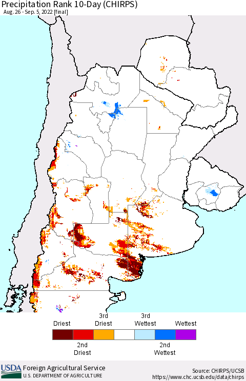 Southern South America Precipitation Rank since 1981, 10-Day (CHIRPS) Thematic Map For 8/26/2022 - 9/5/2022
