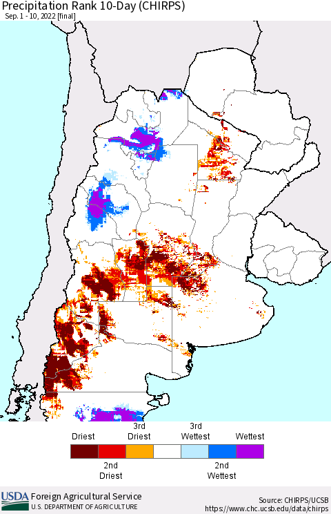 Southern South America Precipitation Rank 10-Day (CHIRPS) Thematic Map For 9/1/2022 - 9/10/2022