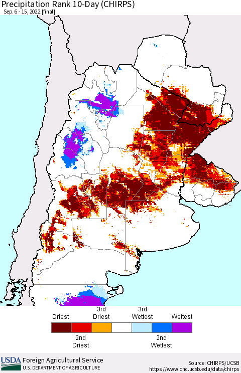 Southern South America Precipitation Rank 10-Day (CHIRPS) Thematic Map For 9/6/2022 - 9/15/2022