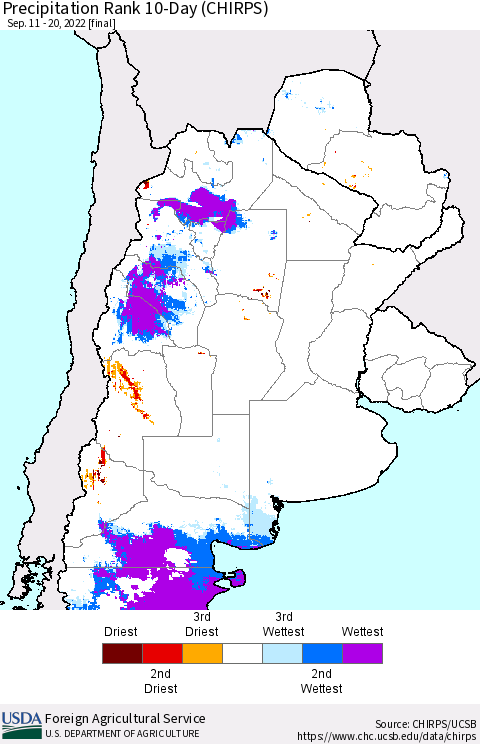 Southern South America Precipitation Rank 10-Day (CHIRPS) Thematic Map For 9/11/2022 - 9/20/2022