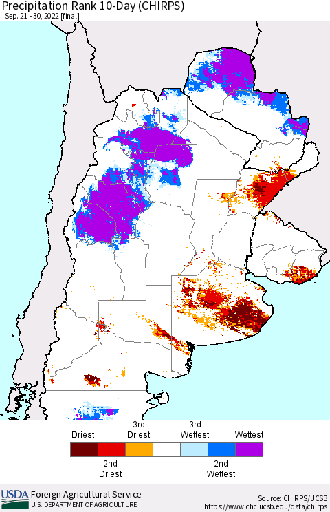 Southern South America Precipitation Rank 10-Day (CHIRPS) Thematic Map For 9/21/2022 - 9/30/2022