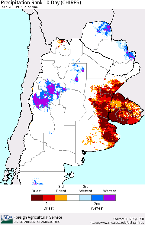 Southern South America Precipitation Rank since 1981, 10-Day (CHIRPS) Thematic Map For 9/26/2022 - 10/5/2022