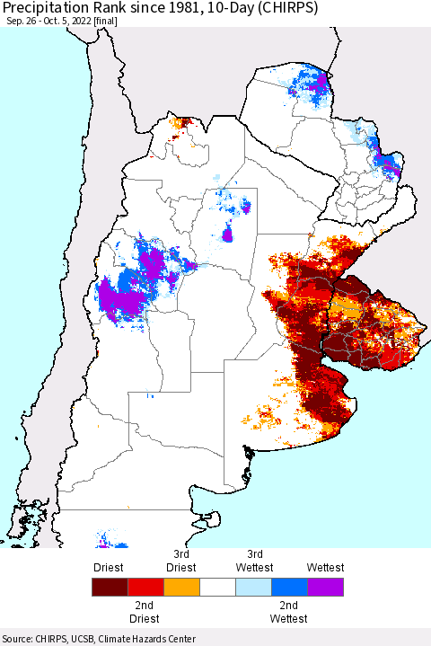 Southern South America Precipitation Rank since 1981, 10-Day (CHIRPS) Thematic Map For 9/26/2022 - 10/5/2022