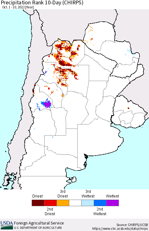 Southern South America Precipitation Rank 10-Day (CHIRPS) Thematic Map For 10/1/2022 - 10/10/2022