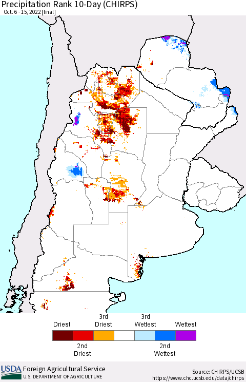 Southern South America Precipitation Rank since 1981, 10-Day (CHIRPS) Thematic Map For 10/6/2022 - 10/15/2022