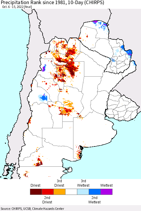 Southern South America Precipitation Rank since 1981, 10-Day (CHIRPS) Thematic Map For 10/6/2022 - 10/15/2022