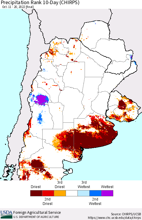 Southern South America Precipitation Rank since 1981, 10-Day (CHIRPS) Thematic Map For 10/11/2022 - 10/20/2022