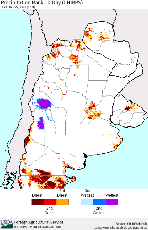 Southern South America Precipitation Rank 10-Day (CHIRPS) Thematic Map For 10/16/2022 - 10/25/2022