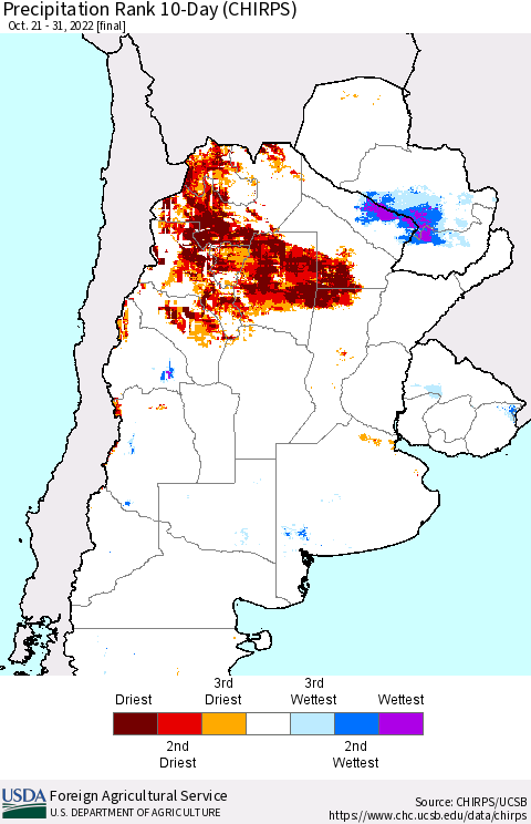 Southern South America Precipitation Rank 10-Day (CHIRPS) Thematic Map For 10/21/2022 - 10/31/2022