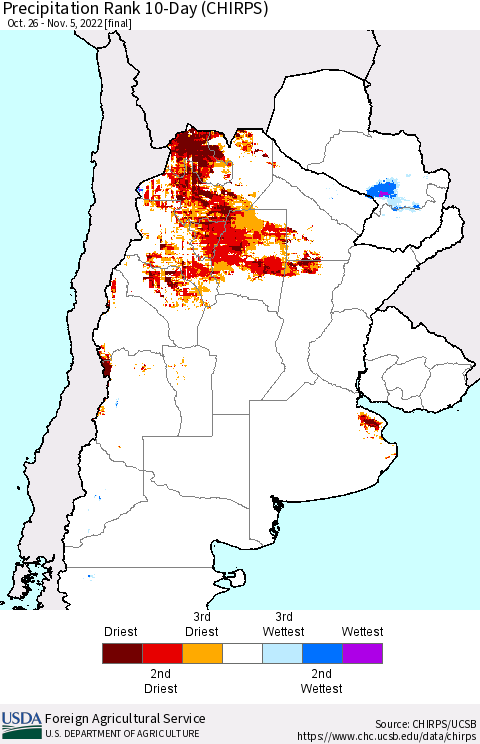 Southern South America Precipitation Rank 10-Day (CHIRPS) Thematic Map For 10/26/2022 - 11/5/2022