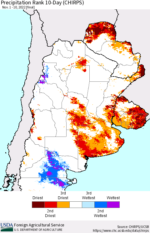 Southern South America Precipitation Rank since 1981, 10-Day (CHIRPS) Thematic Map For 11/1/2022 - 11/10/2022