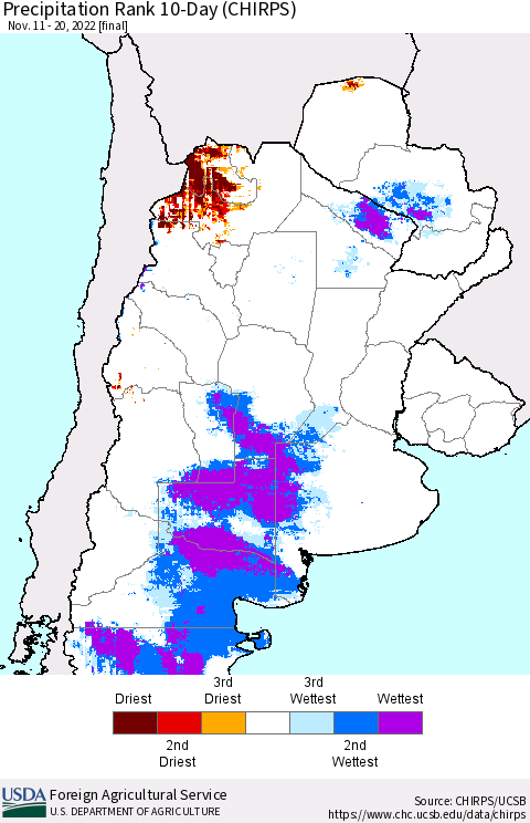 Southern South America Precipitation Rank 10-Day (CHIRPS) Thematic Map For 11/11/2022 - 11/20/2022