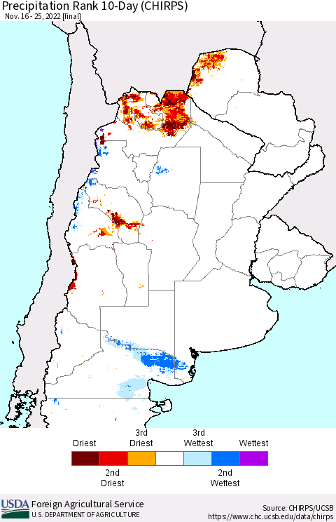 Southern South America Precipitation Rank 10-Day (CHIRPS) Thematic Map For 11/16/2022 - 11/25/2022