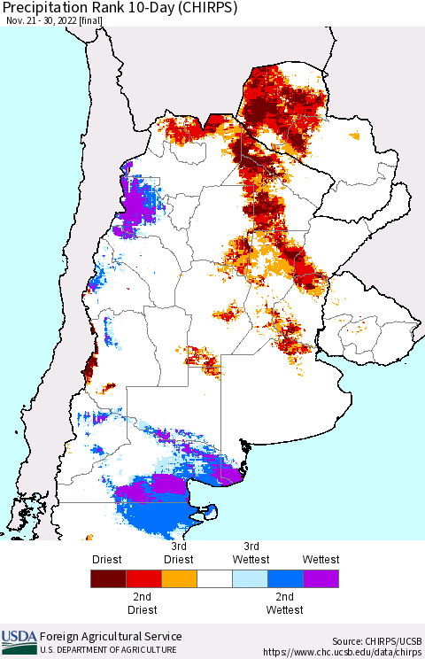 Southern South America Precipitation Rank 10-Day (CHIRPS) Thematic Map For 11/21/2022 - 11/30/2022