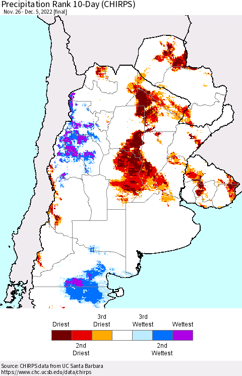 Southern South America Precipitation Rank 10-Day (CHIRPS) Thematic Map For 11/26/2022 - 12/5/2022