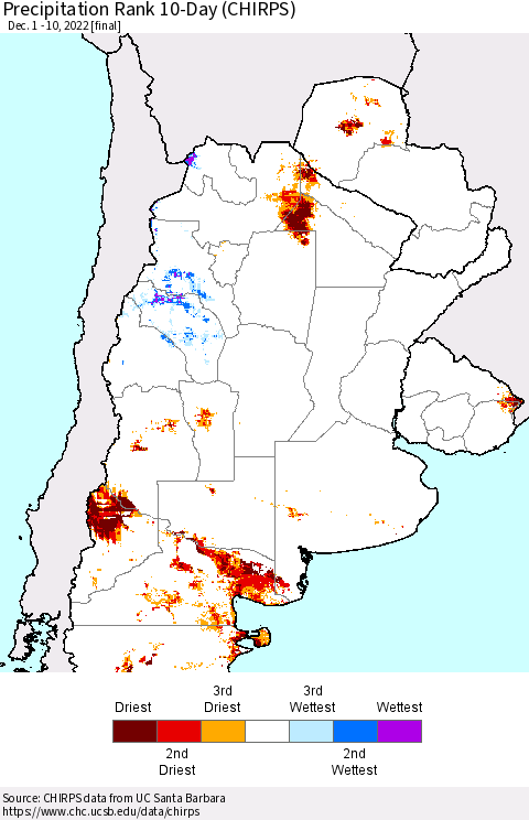 Southern South America Precipitation Rank since 1981, 10-Day (CHIRPS) Thematic Map For 12/1/2022 - 12/10/2022