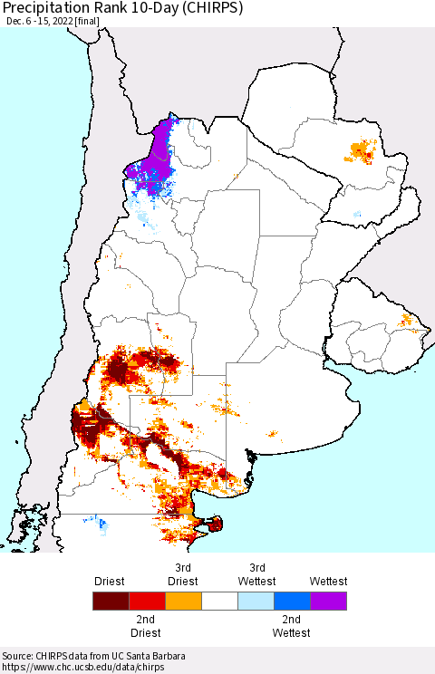 Southern South America Precipitation Rank 10-Day (CHIRPS) Thematic Map For 12/6/2022 - 12/15/2022