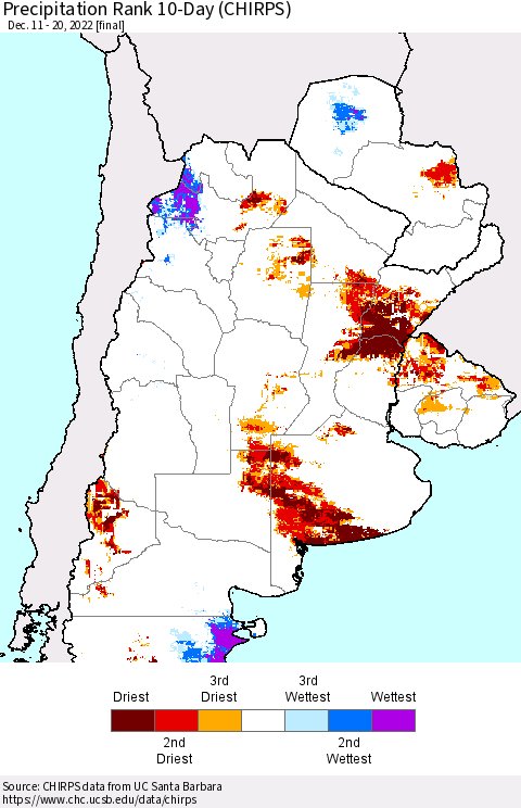 Southern South America Precipitation Rank 10-Day (CHIRPS) Thematic Map For 12/11/2022 - 12/20/2022