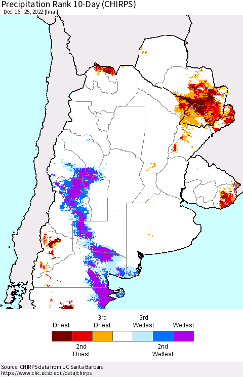 Southern South America Precipitation Rank since 1981, 10-Day (CHIRPS) Thematic Map For 12/16/2022 - 12/25/2022
