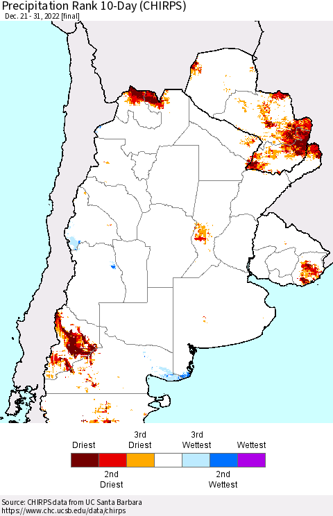 Southern South America Precipitation Rank 10-Day (CHIRPS) Thematic Map For 12/21/2022 - 12/31/2022
