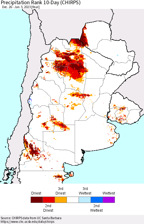 Southern South America Precipitation Rank since 1981, 10-Day (CHIRPS) Thematic Map For 12/26/2022 - 1/5/2023