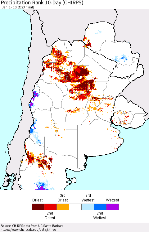 Southern South America Precipitation Rank 10-Day (CHIRPS) Thematic Map For 1/1/2023 - 1/10/2023