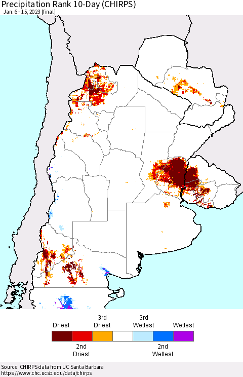 Southern South America Precipitation Rank 10-Day (CHIRPS) Thematic Map For 1/6/2023 - 1/15/2023