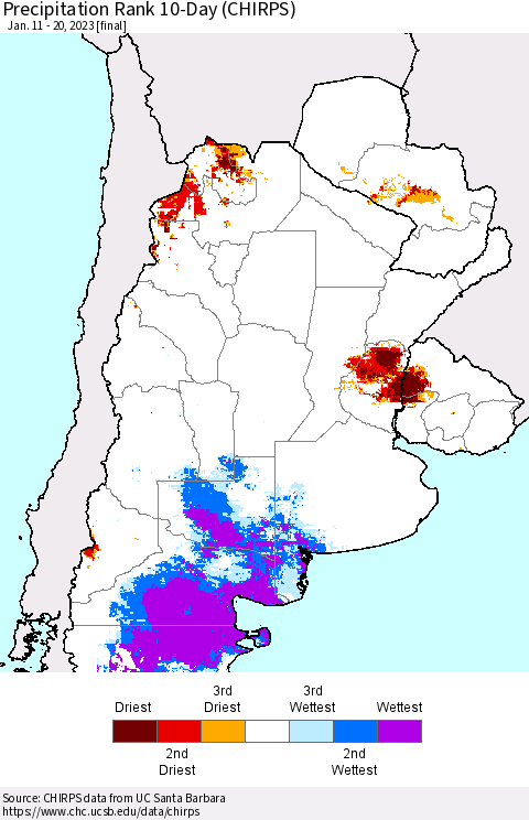 Southern South America Precipitation Rank since 1981, 10-Day (CHIRPS) Thematic Map For 1/11/2023 - 1/20/2023