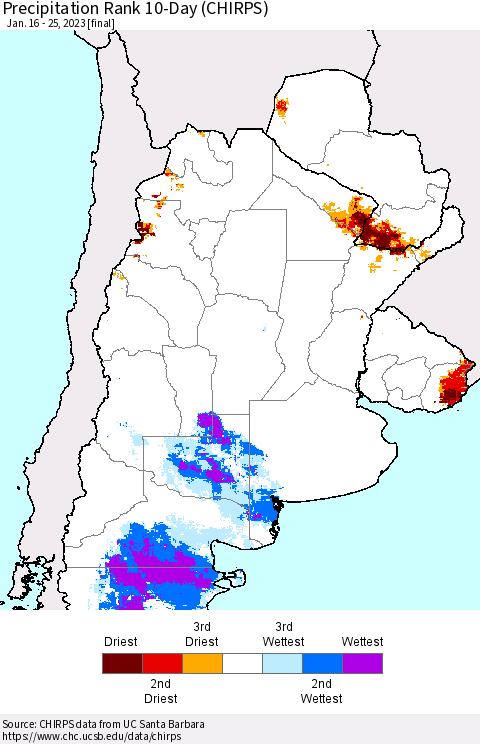 Southern South America Precipitation Rank since 1981, 10-Day (CHIRPS) Thematic Map For 1/16/2023 - 1/25/2023
