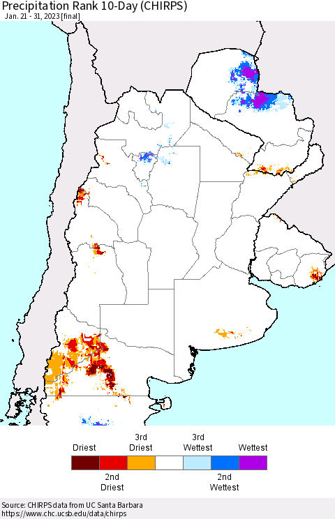 Southern South America Precipitation Rank 10-Day (CHIRPS) Thematic Map For 1/21/2023 - 1/31/2023