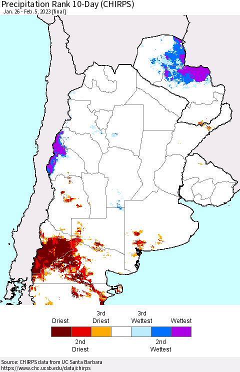 Southern South America Precipitation Rank 10-Day (CHIRPS) Thematic Map For 1/26/2023 - 2/5/2023
