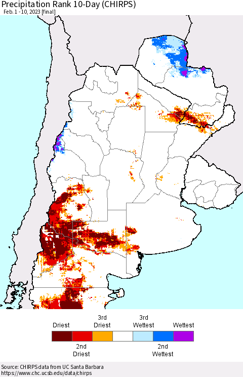 Southern South America Precipitation Rank 10-Day (CHIRPS) Thematic Map For 2/1/2023 - 2/10/2023