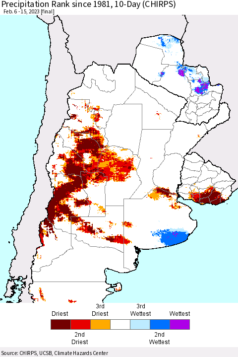 Southern South America Precipitation Rank since 1981, 10-Day (CHIRPS) Thematic Map For 2/6/2023 - 2/15/2023