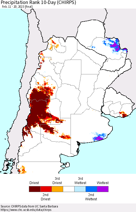 Southern South America Precipitation Rank 10-Day (CHIRPS) Thematic Map For 2/11/2023 - 2/20/2023