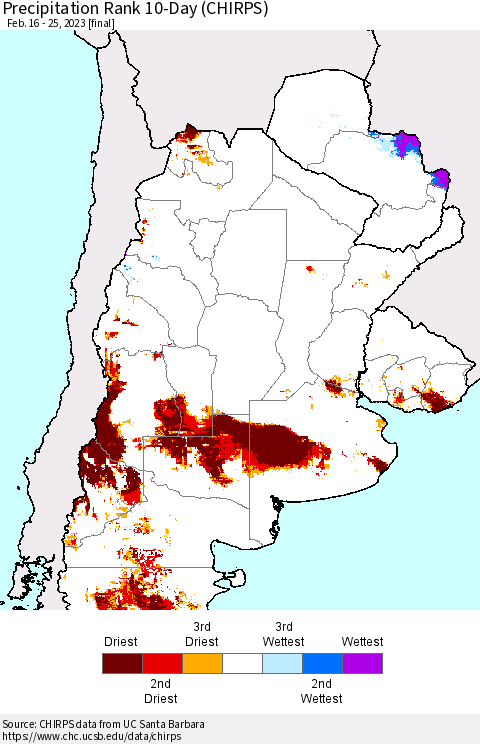Southern South America Precipitation Rank 10-Day (CHIRPS) Thematic Map For 2/16/2023 - 2/25/2023