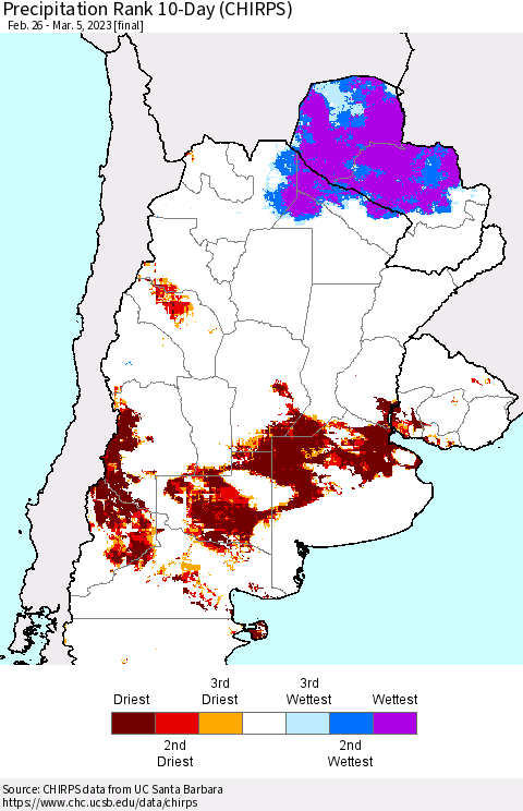 Southern South America Precipitation Rank since 1981, 10-Day (CHIRPS) Thematic Map For 2/26/2023 - 3/5/2023
