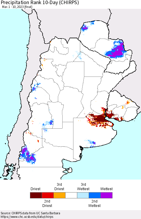 Southern South America Precipitation Rank since 1981, 10-Day (CHIRPS) Thematic Map For 3/1/2023 - 3/10/2023