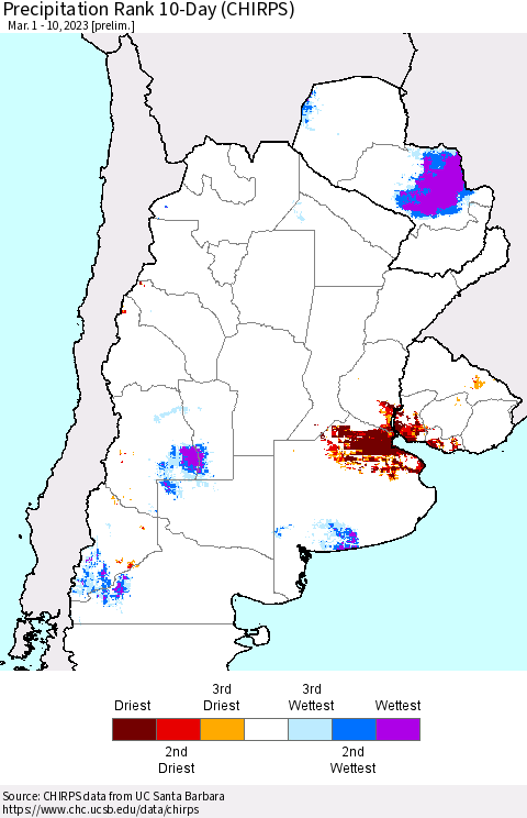 Southern South America Precipitation Rank 10-Day (CHIRPS) Thematic Map For 3/1/2023 - 3/10/2023