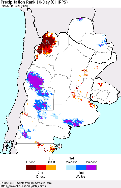 Southern South America Precipitation Rank since 1981, 10-Day (CHIRPS) Thematic Map For 3/6/2023 - 3/15/2023
