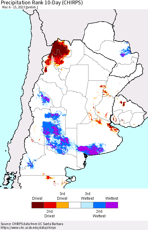 Southern South America Precipitation Rank 10-Day (CHIRPS) Thematic Map For 3/6/2023 - 3/15/2023