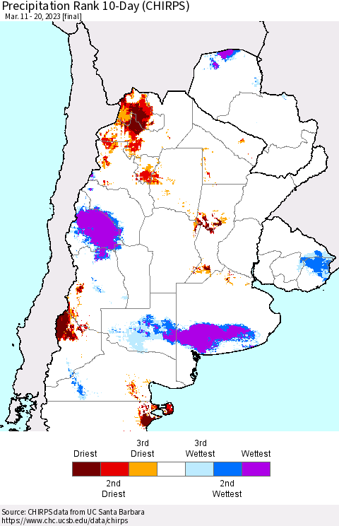 Southern South America Precipitation Rank since 1981, 10-Day (CHIRPS) Thematic Map For 3/11/2023 - 3/20/2023