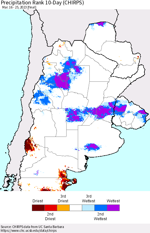 Southern South America Precipitation Rank since 1981, 10-Day (CHIRPS) Thematic Map For 3/16/2023 - 3/25/2023