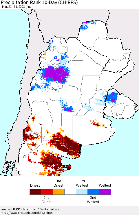 Southern South America Precipitation Rank since 1981, 10-Day (CHIRPS) Thematic Map For 3/21/2023 - 3/31/2023