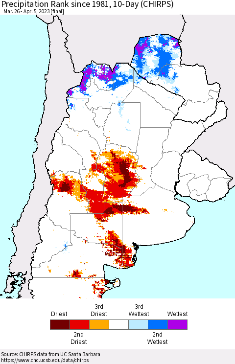 Southern South America Precipitation Rank since 1981, 10-Day (CHIRPS) Thematic Map For 3/26/2023 - 4/5/2023